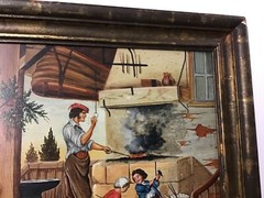 Antique Folk Art Oil/Wood Panel Blacksmith With Town in Background