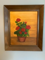 Vintage original Oil painting signed Red Geraniums still life gold background