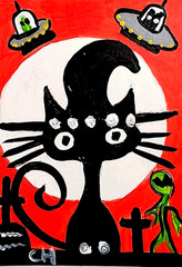 ACEO ORIGINAL CAT GRAVEYARD WATCHER Acrylic & GOUACHE PAINTING NEW