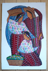 GUATEMALAN FOLK ART PAINTING Santiago Atitlán, Women Figures with Flowers Basket