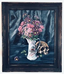 Floral Still Life Skull 20×24 Acrylic on Linen Wood Mid century Modern Frame