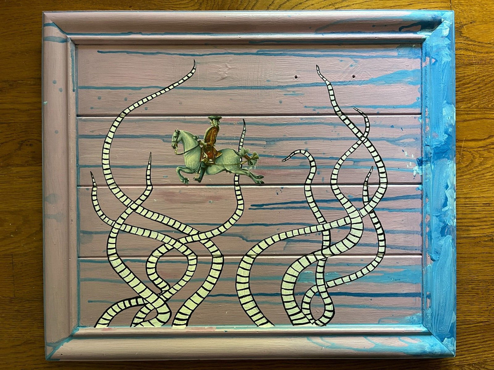The Journey – Original Acrylic Painting Collage Mixed Media on Wood Cabinet Door