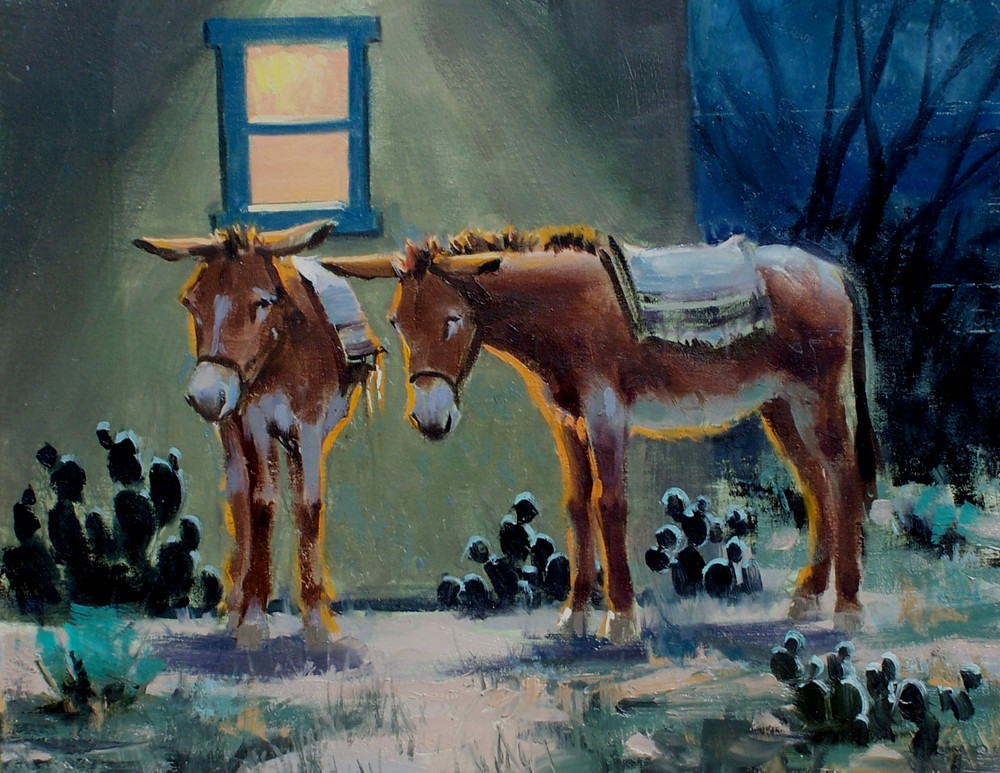 TOM HAAS painting ‚Night Shift‘ oil 11×14 Arizona burros donkeys cactus desert