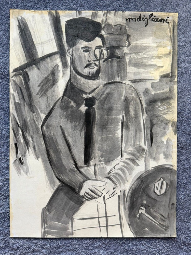 AMEDEO MODIGLIANI drawing and painting on old paper signed stamped vintage