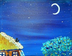Cat Watches The Moon Original Expressionism Acrylic Abstract Canvas 11×14 Canvas