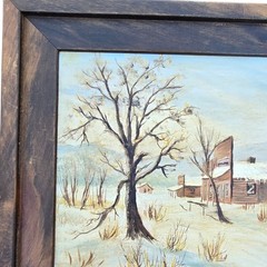 Winter Landscape Painting Wall Art Wooden Frame Signed Cozy Cabincore Vintage