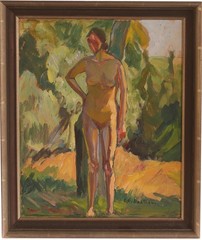 Mid Century Swedish Oil on Panel“Standing Woman” by Clara-Eva Dahlbom 43 × 36 cm