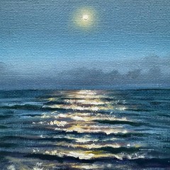 Moonlight Ocean Painting Small Canvas original signed night sky seascape waves