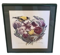 Original Painting Tulip Flower Bird Goldfinch Nest Signed Art G. Larson Framed