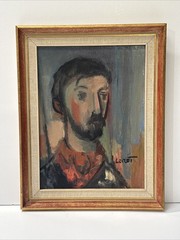 MID CENTURY PAINTING PORTRAIT MODERNIST SIGNED LORET MALE MODEL MAN MEN VINTAGE