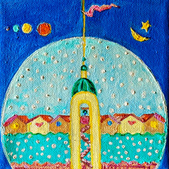 Original Mini Oil Painting Cosmic Folk Art Fantasy Town on 3D Canvas Art 5×5″