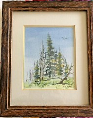 Acrylic wood frame Watercolor Pine Forest Landscape Cabin Cottage 7×8 S Coan