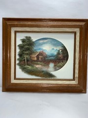 NATHAN WINTER Listed Artist OIL on CANVAS Scene of Cabin on Creek