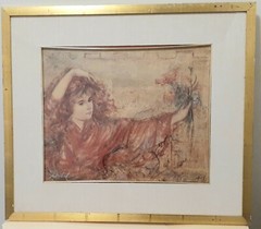 Artist Edna Hibel Framed Lithograph of Young Girl with Flowers
