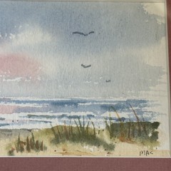Watercolor Painting Pink Morning at the Beach Matted Framed Mary Cleveland NC