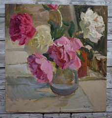 Floral still life with roses flowers Original Antique Oil Painting Signed Art