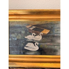 Antique European Countryside Oil Painting on Canvas Swans in Heavy Gilt Frame
