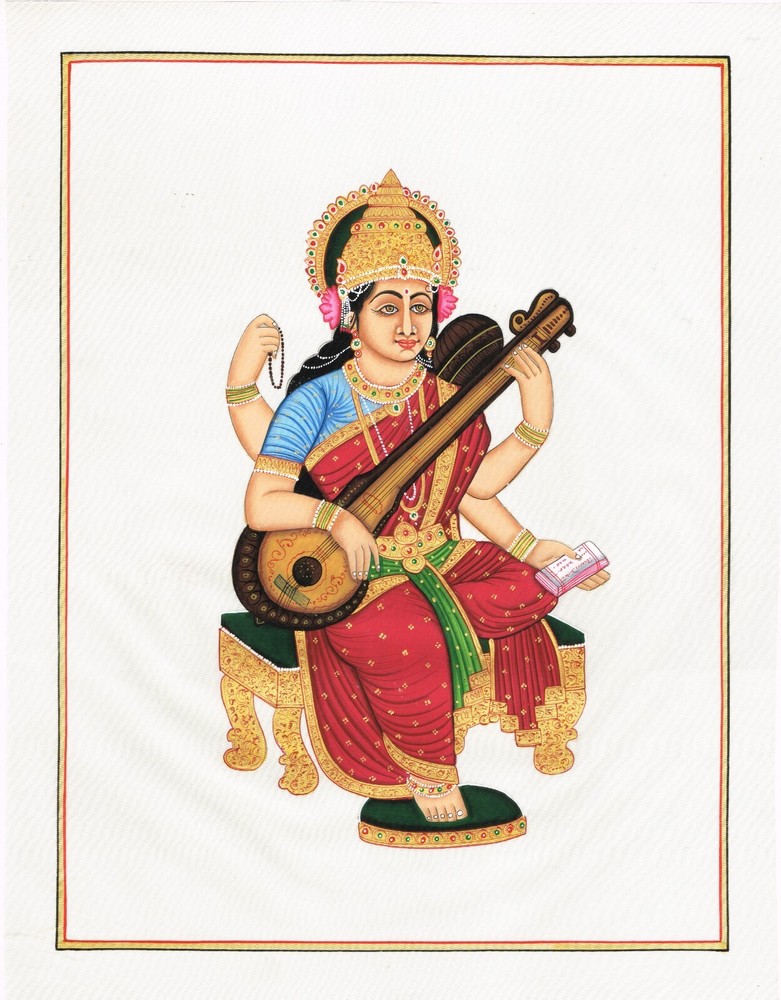 Handmade Art Painting Of‎ Goddess Saraswati With Veena On Silk Cloth 10×13 Inch