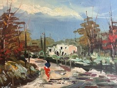 Vintage Original Artist Signed Trees House Home Oil Painting Rural Landscape Art