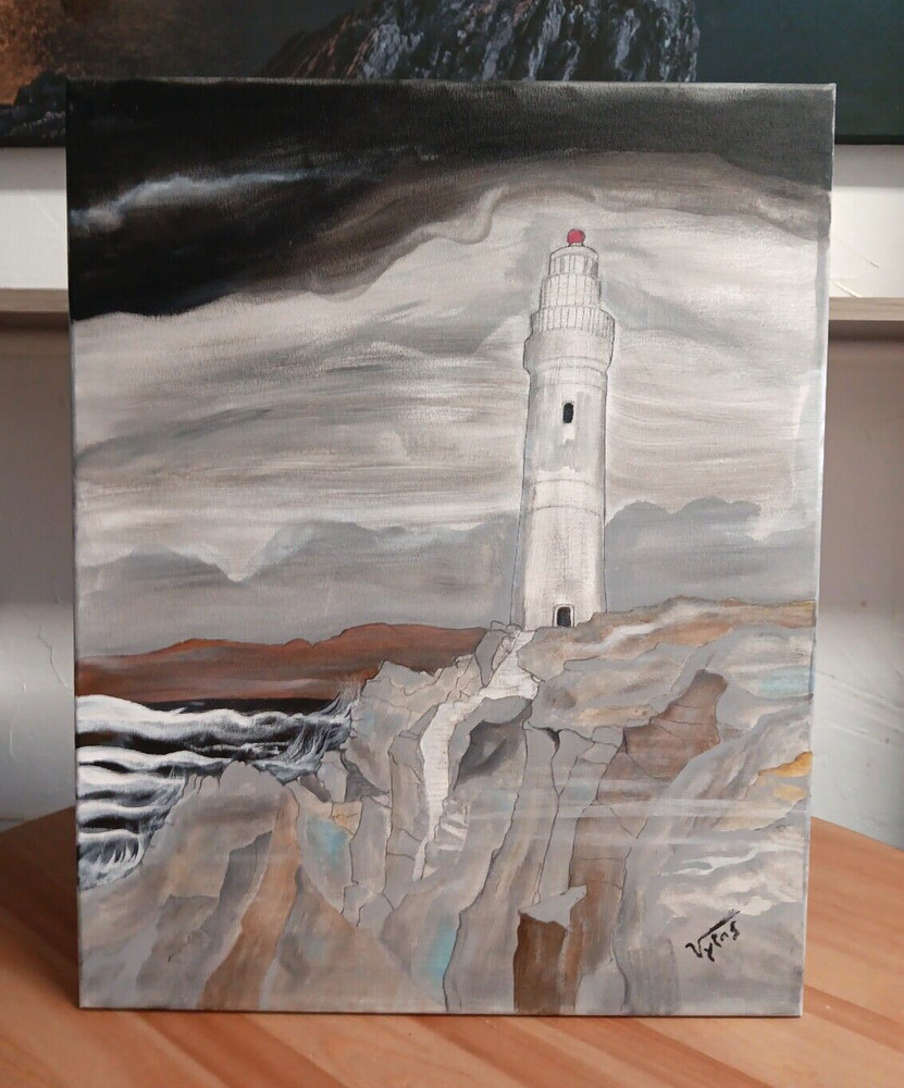 Lighthouse Storm Landscape Original Acrylic Painting Canvas Signed Vytas 16×20 i