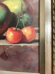 Vintage Framed Still Life Painting Apples Cherries Signed C Shi Wall Art Decor