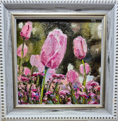 Original autographed oil painting in a frame. Tulips. Impressionism. 4×4 inches.