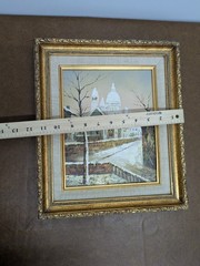 Vintage Oil Painting Of Snowy European Street With Ornate Gold Frame