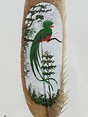 Vintage Souvenir Costa Rica GREEN QUETZEL Folk Art Painting on a Feather Signed