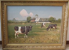 DECORATIVE DANISH PAINTING „COWS IN THE PASTURE“ SIGNED!!! #12656