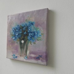 Blue Floral Bouquet Original Oil Painting Impressionist Still Life Wall Decor