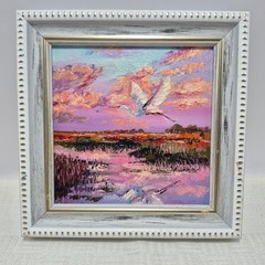 original autographed oil painting framed. An Evening by the Pond.4x4in.