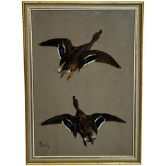 Victorian Painting Sporting Game Birds Two Ducks Flying Away By Thomas Blinks