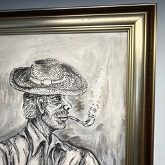Vintage „Man Smoking A Pipe” Black / White Painting – Signed And Framed 32 x 29