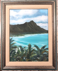 Judy Dy’ans Dyans Signed Oil Painting on Board Diamond Head Hawaii c1970s Framed