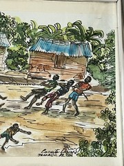 2 Vintage Jamaican Folk Art Watercolor Village Life Games Signed Canute Davis
