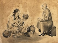 1930 San Ildefonso Pueblo Indian Native American Watercolor Of Pottery Seller