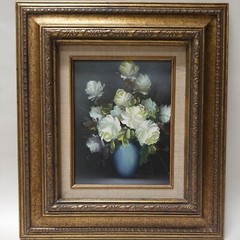 Still Life Oil Painting White Roses Bouquet Flowers In Vase Framed Canvas Signed