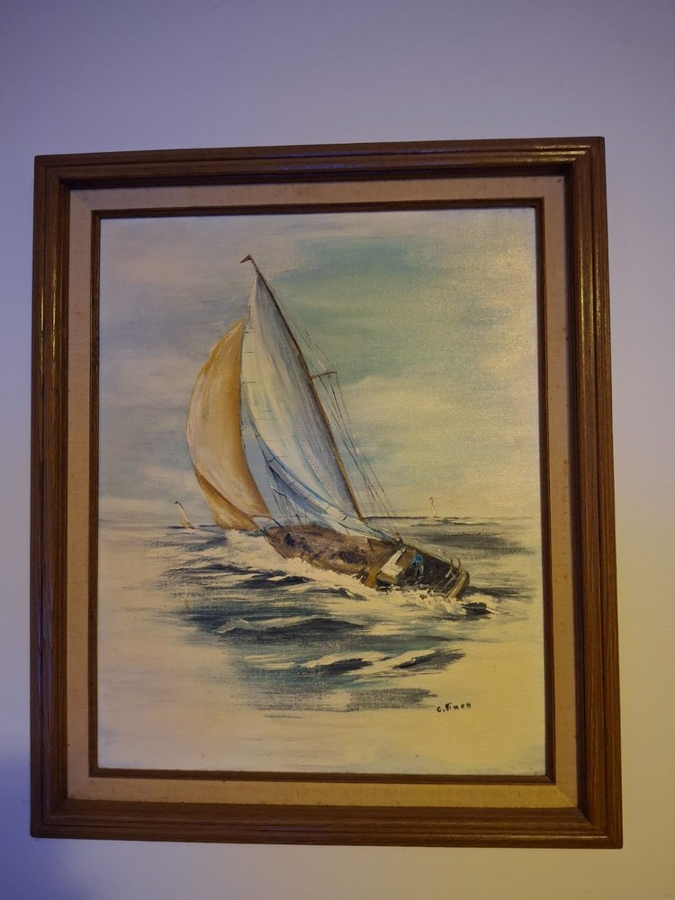 Mid 20th century Wooden framed Sailboat painting Signed G.Finett