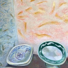 Expressionist Still Life With Dishes Pastel/Acrylic on Rag Paper by Kathie Brown
