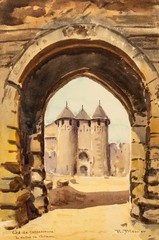 Raymond Blossier (1925-2013) Fortress of Carcassonne, Vintage Watercolor