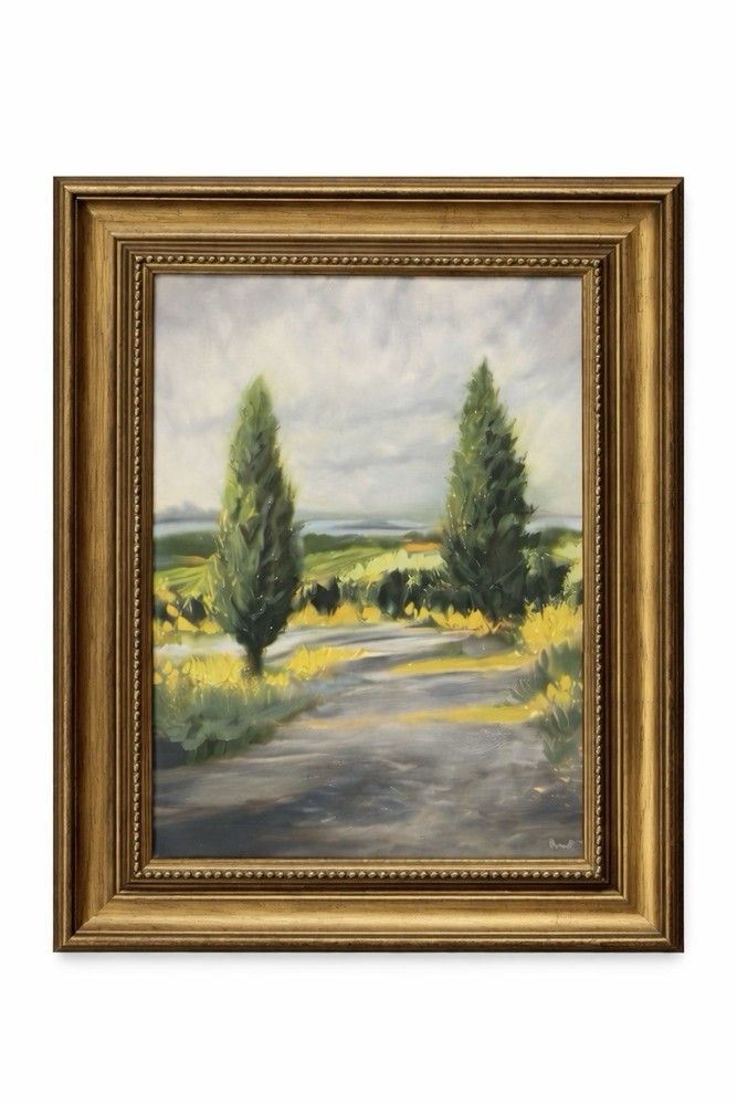 Framed Landscape Painting Style Wall Art Country Road Trees Gold Frame 19×15
