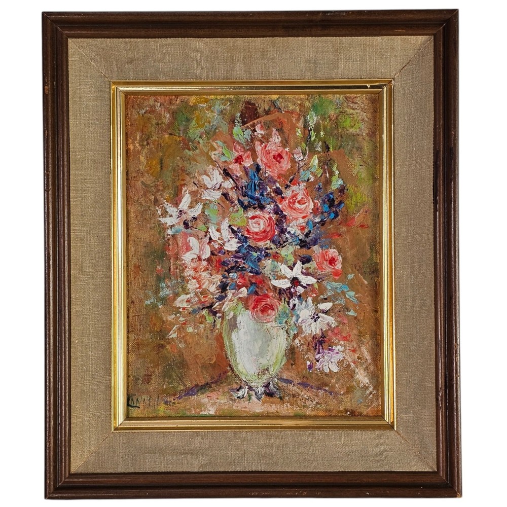 MCM Floral Painting Pink Flowers Still Life Oil on Board C. 1960 Signed Connell