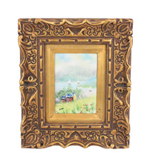 Vintage Farmhouse Landscape Enamel On Copper Painting Gilded Frame Signed Kaye
