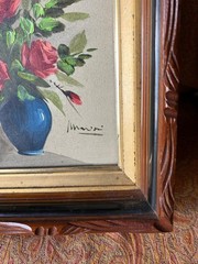 Old Vintage Signed Floral Oil Painting Still Life Flowers Antique Picture Frame