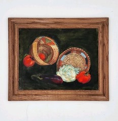 Vtg Southwest Still Life Oil Painting Indian Baskets Vegetables Framed Folk Art