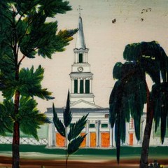 Antique Reverse Painted Glass Old White Church Steeple Chapel Painting 14″h