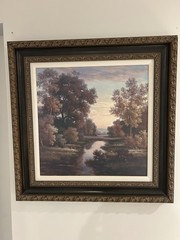 Framed Realism Oil Painting of Landscape with Trees and River on Canvas