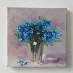 Blue Floral Bouquet Original Oil Painting Impressionist Still Life Wall Decor