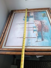 Original KESWICK Oil Painting Fishing Boats in Harbor PINK SKY Calm Nautical MCM