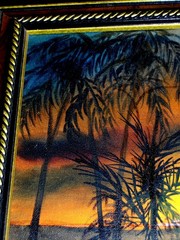 Lake Landscape Sunset Reflections Sea shore Palm Trees by Water Oil Painting